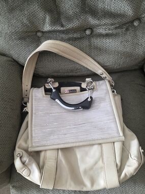 CC Skye Cream Leather & Canvas Shoulder Bag with Black Handle Accent